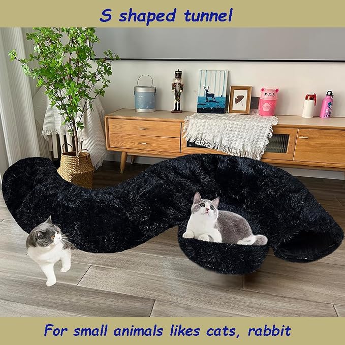 Cat Bed Tunnel Tube Toy Black Plush | Round, Collapsible Pet Tunnels for Indoor Cats, Interactive Toys Play Tubes with Hanging Ball for Kitten, Puppy, Rabbit - Image 5