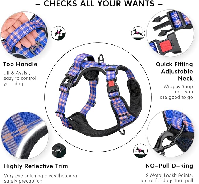 PoyPet Plaid Dog Harness Large, No Pull Vest with Front Clip & Neck Buckle | Padded Handle, Reflective, No Choke, Lockable, 2 Leash Rings, Full Adjustable, for Training Walking, L, Checkered Blue&Orange - Image 3