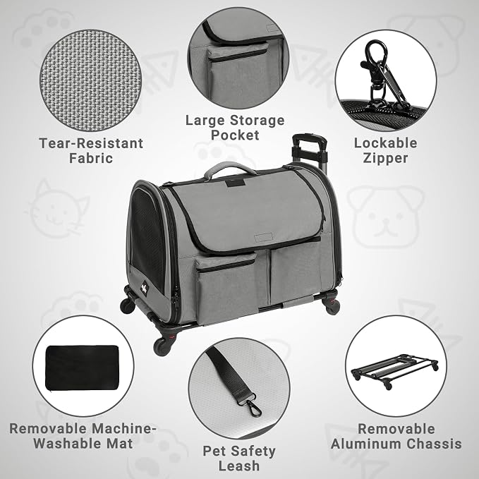 Large Pet Carrier with Wheels, Foldable Rolling Dog Carrier with Big Pocket, Cat Rolling Bag 21"x13"x13" for 2 Cats &Dogs, for Travel, Outdoor, Vet Visits, Camping, Indoor. Gray. (Not for Airline) - Image 3