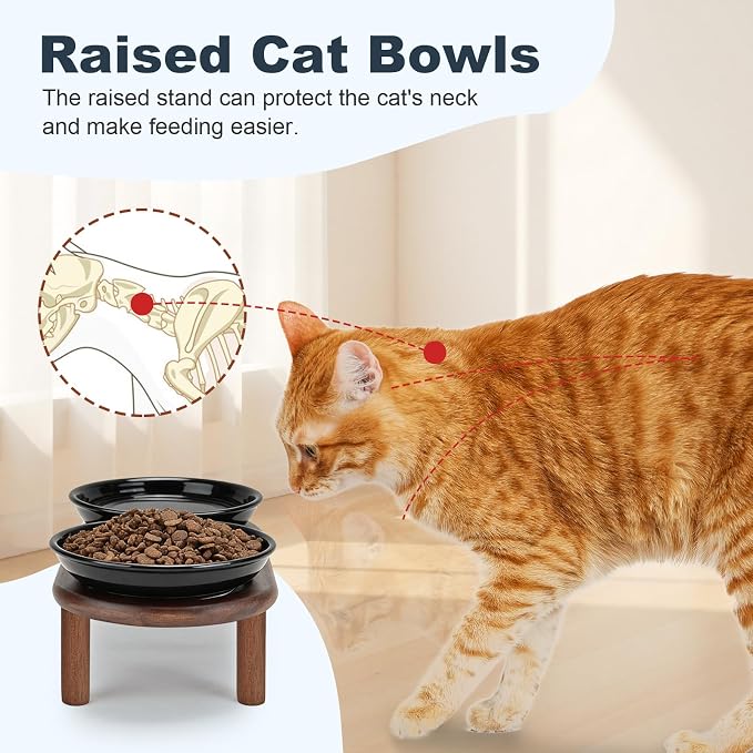 SPUNKYJUNKY Shallow Elevated Cat Bowl with Acacia Wood Stand Wide Raised Ceramic Cat Dishes Whisker Friendly Pet Food and Water Plates (Striped Pattern, Black) - Image 3