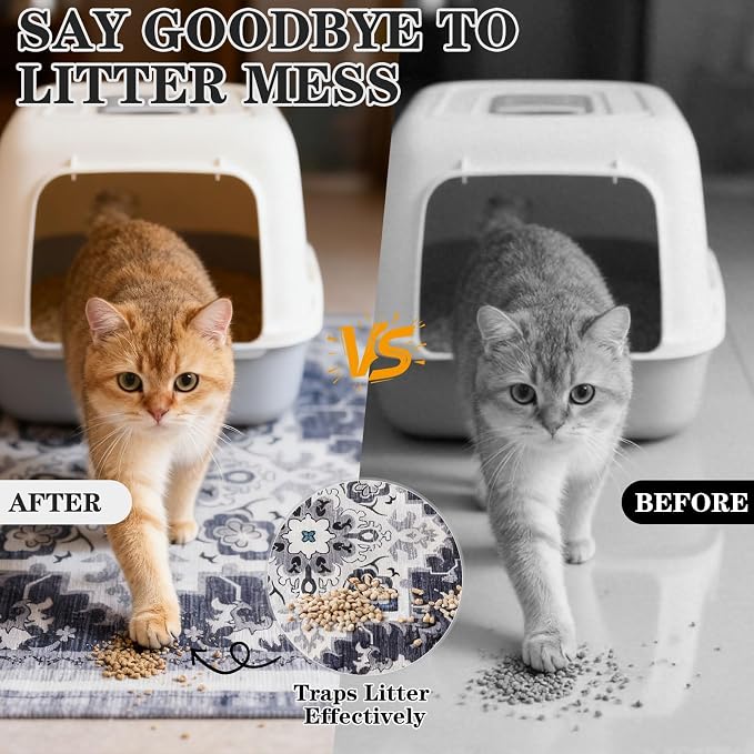 EXPAWLORER Cat Litter Mat, 20”x32” Small Non-Slip Urine Waterproof Litter Trapping Mat Easy to Clean Washable Litter Box Mat for Floor Soft on Kitty Paws, Indoor Food Mats Rug Pads for Bathroom Grey - Image 3
