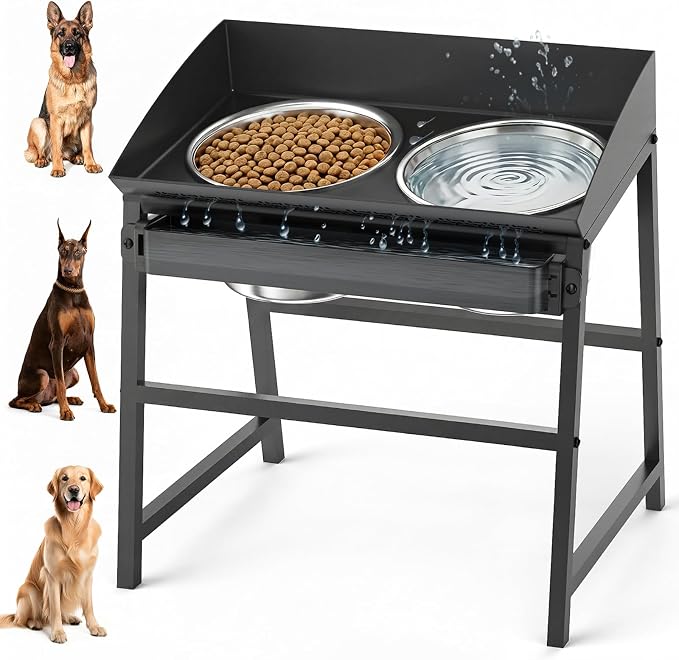 Bobbie & Laxi 15" Tilted Elevated Dog Bowl, Spill-Proof with Plastic Guard | Raised Dog Bowl with Metal Stand;Stainless Steel Food Bowl & Water Bowl Set with Splash Guard; Easy Clean Large Dog Bowl by BobbieLaxi
