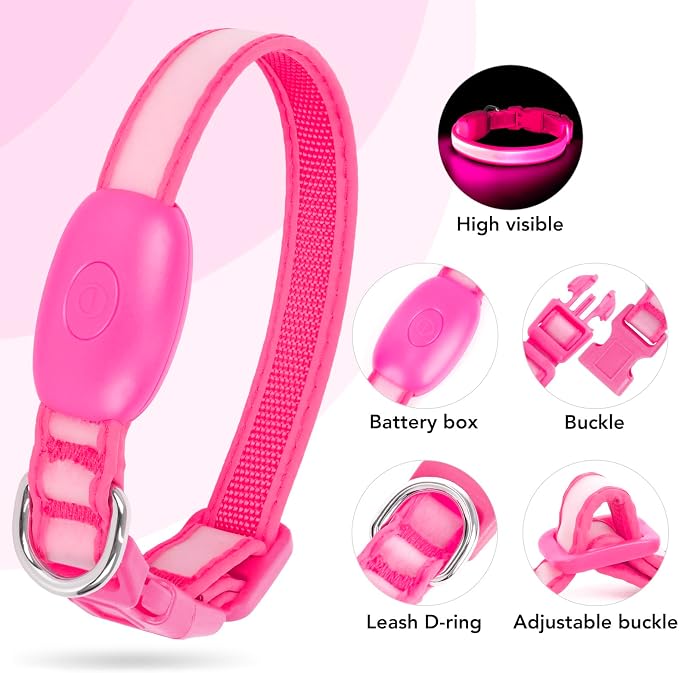 Light up Collar for Small Dog,Vizpet XS Adjustable Size Nylon Collar USB Rechargeable Bright Safety Pet Collar for Cats Small Dogs (Pink, X-Small[ 8.66-11.9 inch/22cm-30cm]) - Image 3