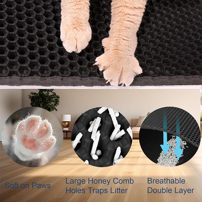 Cat Litter Mat 30"x24" Upgraded Urine-Proof Non-Slip Black | Large double-layer honeycomb catches all types of litter, soft & durable, BPA-free, easy clean, upgraded bottom, large mat. - Image 5