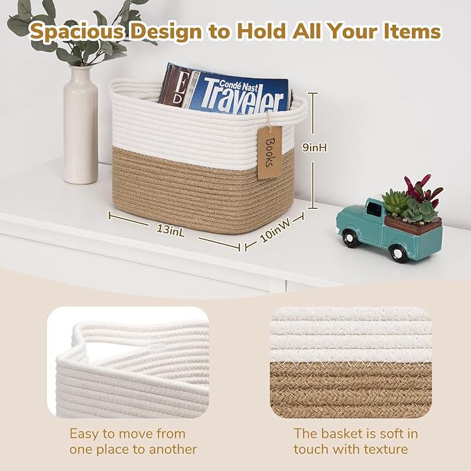 Goodpick Woven Rope Storage Basket for Shelves, Rectangle, Jute | 13" × 10" × 9" Stylish Gift Basket for Bedroom & Living Room Organization, Fits Toys & Pet Supplies Storage, Writable Label - Image 3