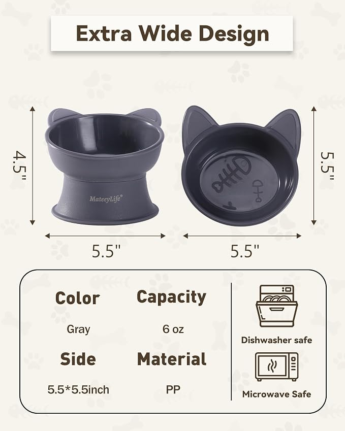 MateeyLife Raised Cat Bowls, Cat Food Bowl Elevated for Kittens & Small Dogs, 15°Tilted Protect Pets' Neck and Anti Vomiting, Whisker Friendly Food & Water Feeding Bowl, 6 oz Each - Gray - Image 4