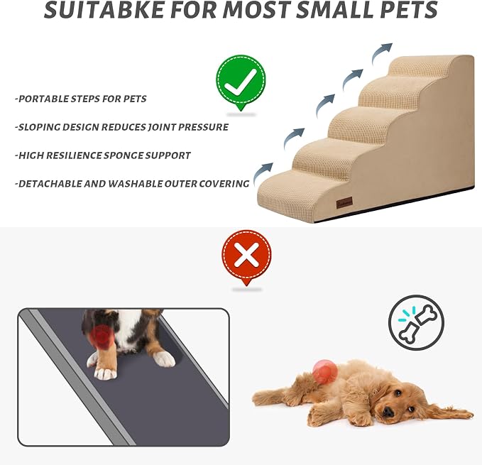 Aodisman Dog Stairs for High Bed,5-Step Pet Ramp for Small Dogs and Cats | 22.2" H Dog Steps for Bed with High-Density Foam, Help Olders,Short-Legged Dogs,Puppy and Cats Get on Beds Easily,Grey,Khaki - Image 7