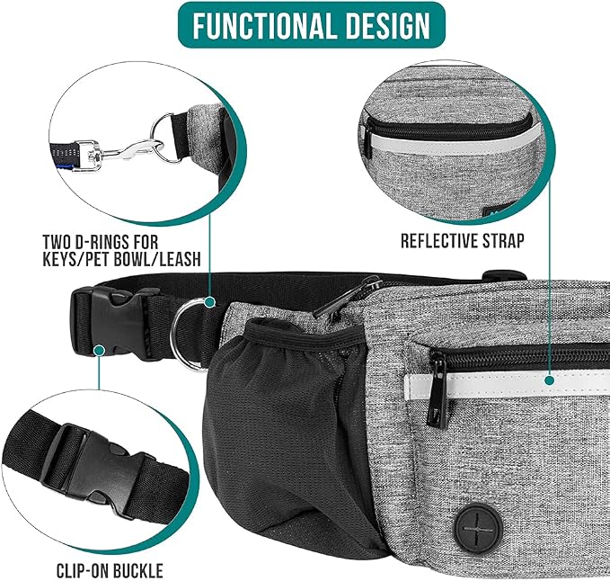 PetAmi Dog Fanny Pack, Treat Pouch for Dog Walking Training, Light Gray | Built in Poop Bag Dispenser, Water Bottle Holder, Collapsible Bowl, Pet Treat Waist Belt for Hiking Running Kibbles - Image 4
