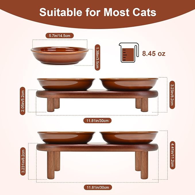 SPUNKYJUNKY Shallow Elevated Cat Bowl with Acacia Wood Stand Wide Raised Ceramic Cat Dishes Whisker Friendly Pet Food and Water Plates (Striped Pattern, Brown) - Image 2