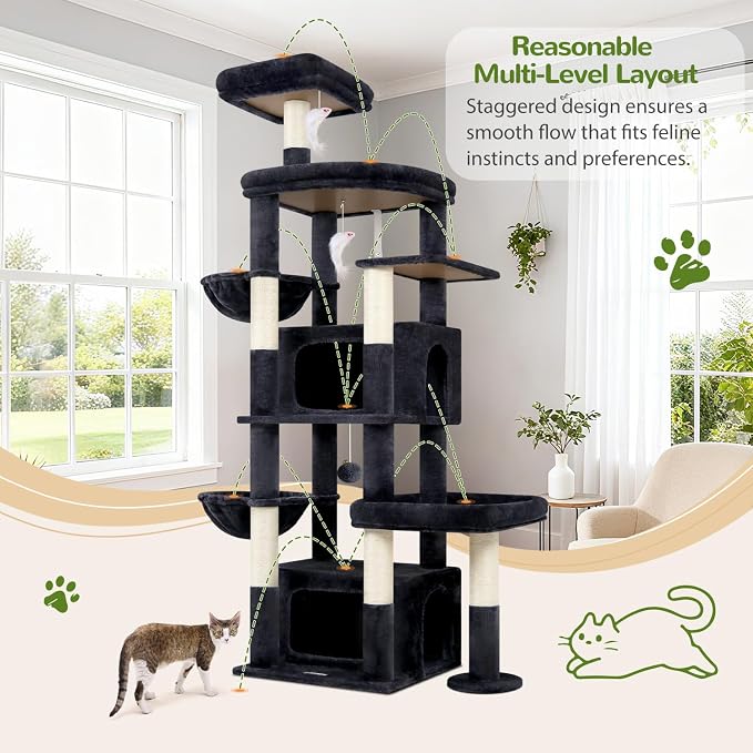Globlazer 75in Sturdy Cat Tree Tower for Indoor Large Cats, S75, Dark Grey | Multi-Level Heavy Duty Cat Tower with Scratching Post, Oversized Condos & Perches for Big Cats, Large Baskets, Enlarged Base - Image 6