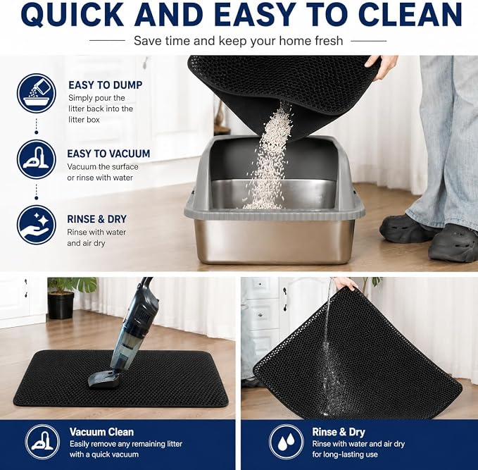 Cat Litter Mat 24 x 18 Inch, Double-Layer Honeycomb Litter Trapping Mat with Waterproof Leatherette Bottom, Urine-Resistant, Non-Slip, Easy to Clean, （Black） - Image 6