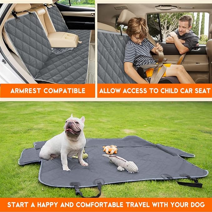 Yuntec Dog Car Cover for Back Seat Pet Car Seat Cover Protector | Waterproof Rear Seat Cover Nonslip Bench Car Seat Cover fits Middle Armrest for Most Cars Trucks SUVs (53” Width) - Gray - Image 6