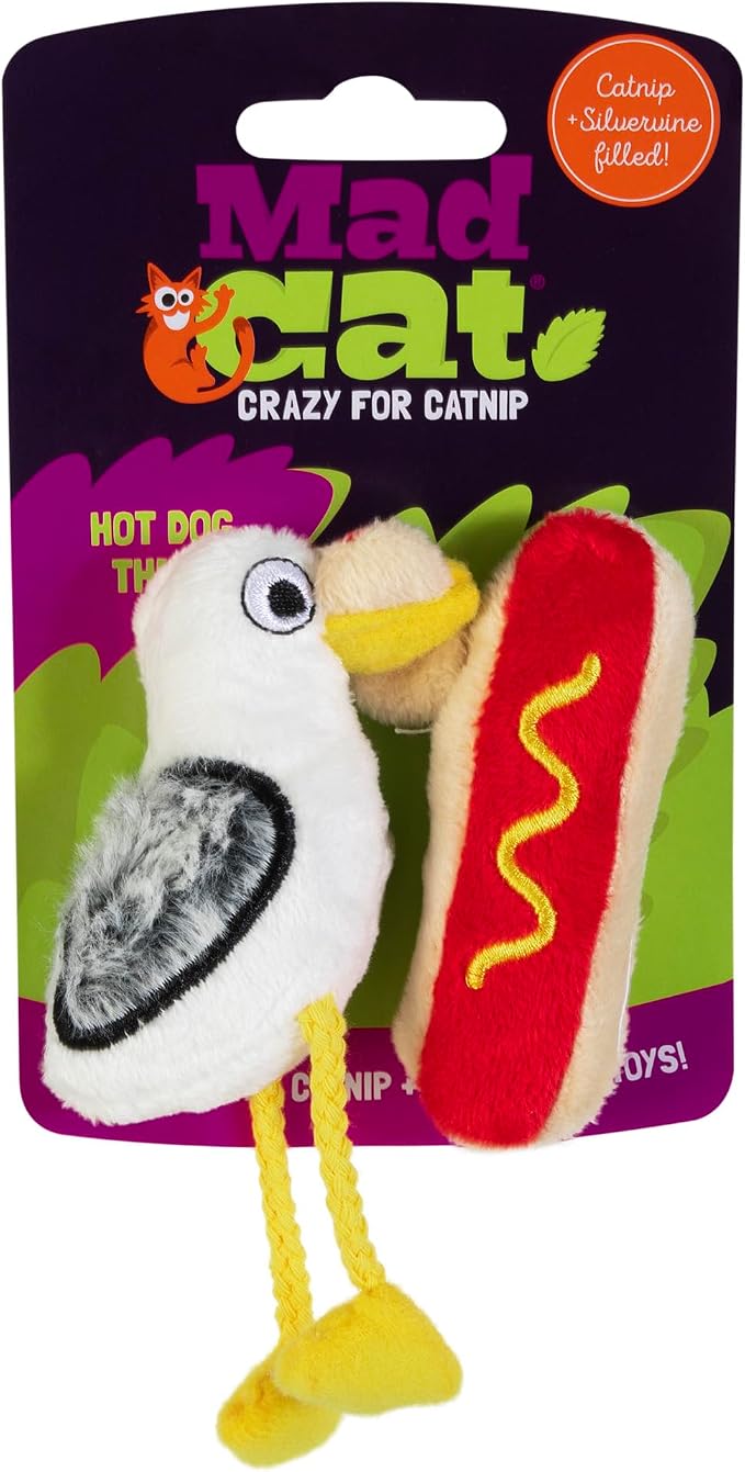 Mad Cat Hotdog Thief Bird Crinkle Cat Toy, Catnip and Silvervine, 2 Pack | Plush interactive pair with realistic sounds, ideal for tossing, batting, kicking and cuddling sessions, suits all felines by Unknown