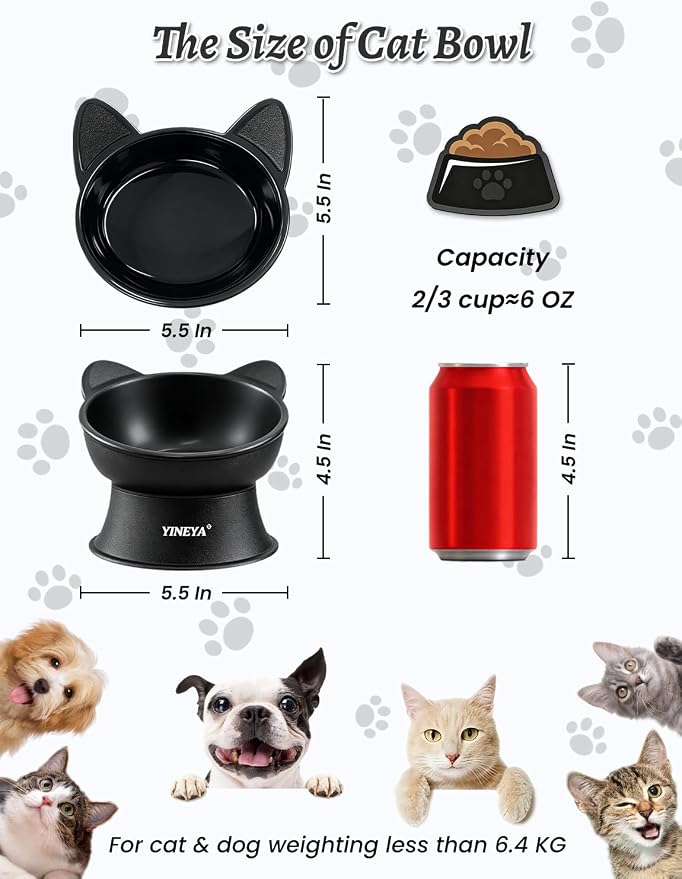 YINEYA Elevated Cat Bowls 2 Pcs, Cat Food Bowl to Protect Neck & Anti-Vomit, Whisker-Friendly Raised Food and Water Bowls Set for Indoor Cats/Small Dogs, Cute Pet Feeding Bowl 6 OZ Each, Black&White - Image 4