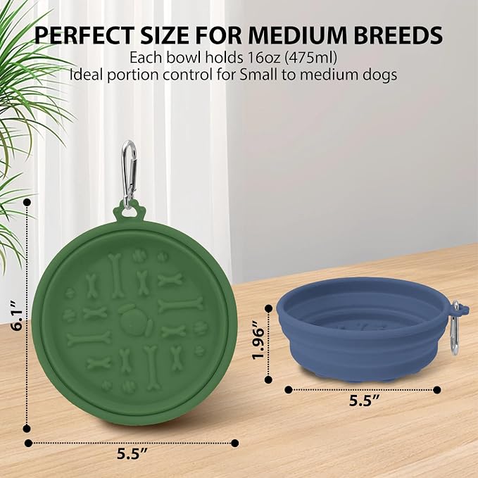2-Pack Collapsible Dog Bowls with Suction Cups & Scraper - 16oz Travel Pet Bowls for Food/Water, Non-Slip Feeding Dish for Dogs, Includes Carabiner Clip Grey&Olive Green - Image 2
