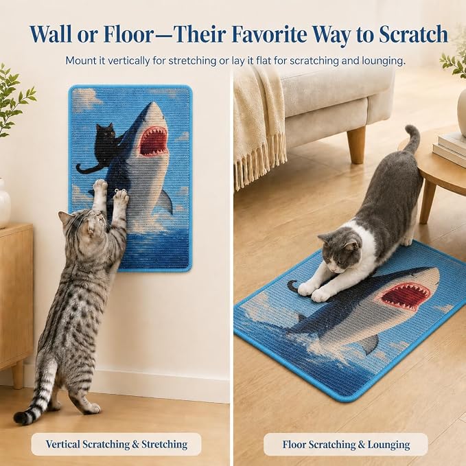 Art Sisal Cat Scratcher Mat, Cat Wall Scratchers for Indoor Cats | Wall Mounted Cat Scratcher, Natural Sisal, No-Drill Hook & Loop Setup, Floor or Wall Use, 23.6 x 15.7 Inch, Shark - Image 7