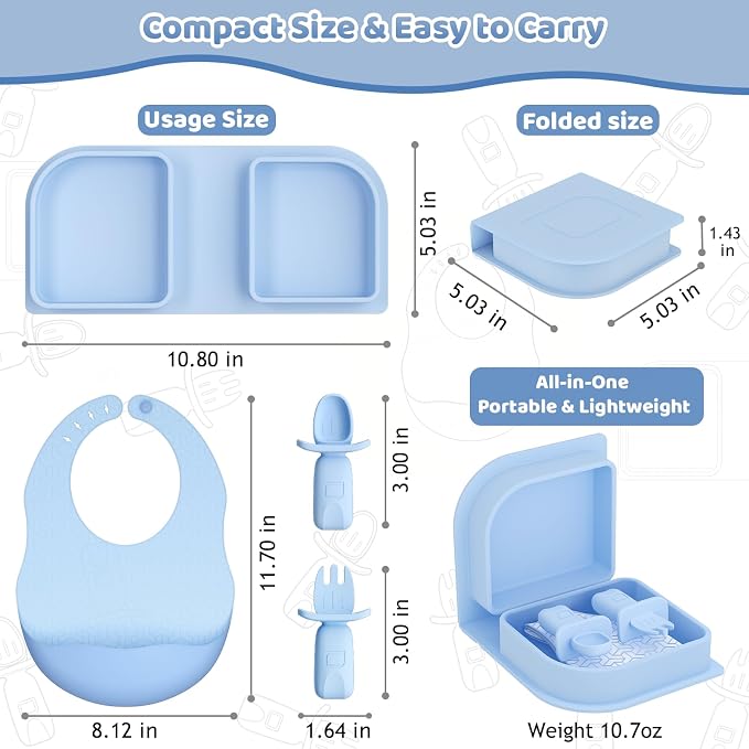 Blue Silicone Foldable Feeding Set, Travel Baby Feeding Supplies Including Toddler Plates, Silicone Baby Spoon&Fork, Adjustable Foldable Bib, Portable Infant Toddler Utensils - Image 8