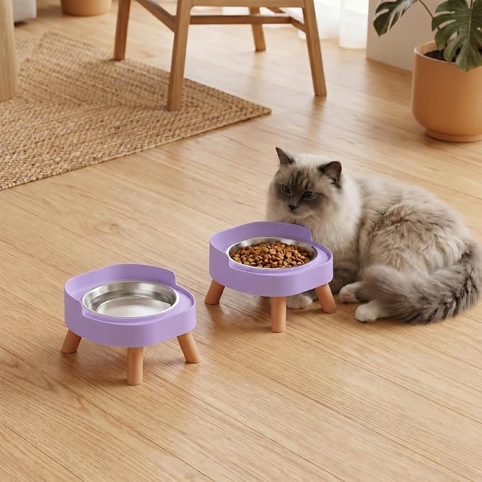 Elevated Cat Bowls, 2P Raised Cat Food and Water Bowl Set for Indoor Cats, Splash Proof with 2 Stainless Steel Pet Food Bowls for Cats ＆ Puppies, Whisker Friendly and Dishwasher Safe - Purple - Image 7