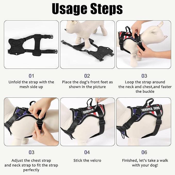 Service Dog Harness, Reflective Dog Vest Harness with 5 PCS Patches, Adjustable Soft Oxford Pet Harness, Inner Layer Mesh, Easy to Control for Dogs (USFLAG, X-Small (Pack of 1)) - Image 4