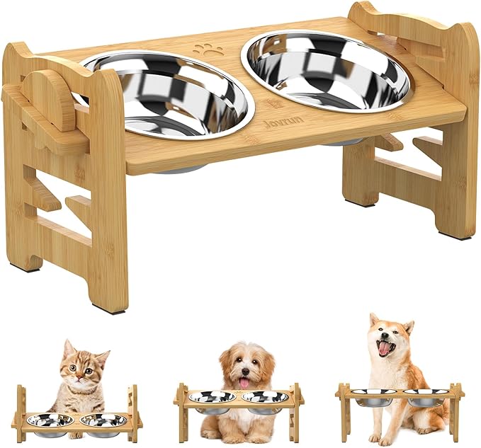 Jovrun Elevated Dog Bowls, Adjustable Raised Dog Bowl Stand for Small Size Dogs and Cats, 15°Tilted Elevated Cat Bowls, Durable Bamboo Dogs Feeder with 2 Stainless Steel Bowls and Non-Slip Feet by Jovrun