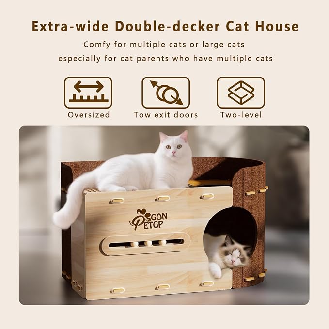 GONPETGP Large Cat Beds for Indoor Cats, Extra Wide Cat House Cave with Scratch Pad Wooden Play Ball, Foldable Felt Kittens Hideaway Condo for Multiple Small Pets - Image 4