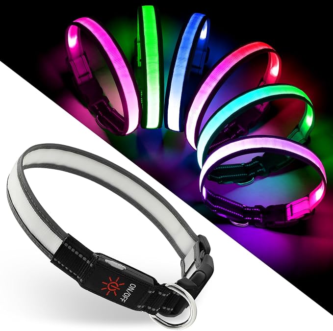 Light Up Dog Collar, Multicolor LED Dog Collar with 7 Lighting Modes - USB-C Rechargeable, Real-Time Battery Indicator, Waterproof & Adjustable Glow Collar for Safe Night Walks (L) by ChalkLit