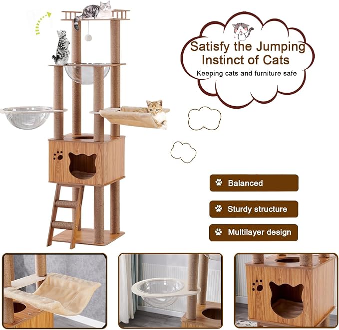 61'' Wooden cat Tree with cat Condo, Cat Stairs Scratching Posts, 2 Bowl,Sisal Scratching Posts,Cozy Cat Hammock and Top Perch. Cat Tree for Large Cats. - Image 4