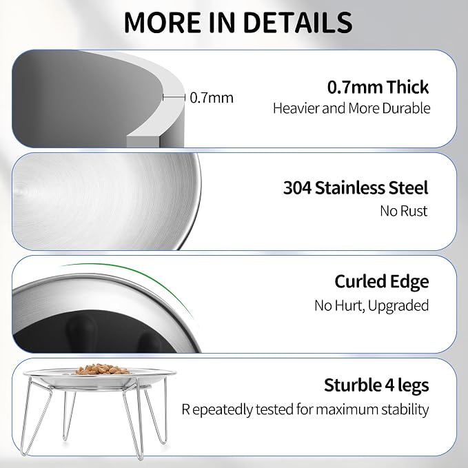 WROSWT Elevated Cat Bowls, 304 Stainless Steel Raised Cat Dishes, Extra Wide Shallow Cat Bowl for Whisker Fatigue Relief & Flat-Faced Breeds, Anti-Vomiting Kitten Feeder with Detachable Stands, 2 Set - Image 2