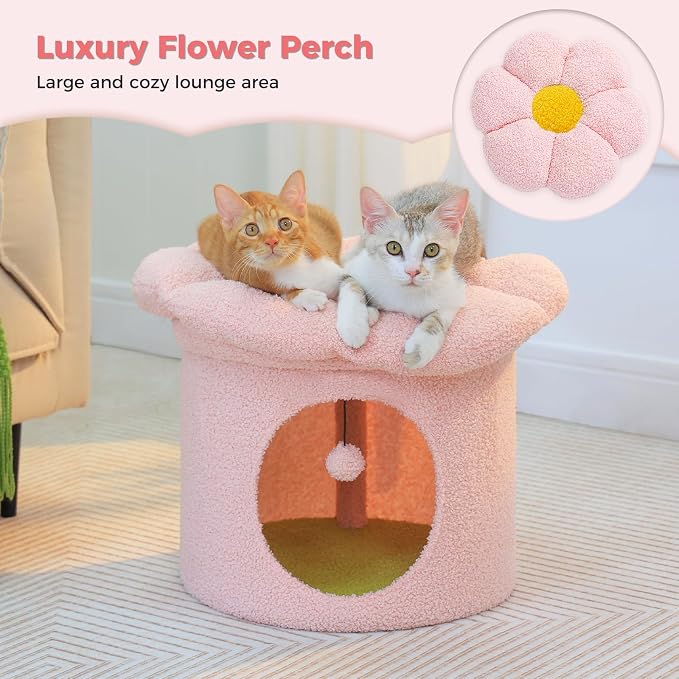 PETEPELA 20" Cute Cat Tree House with Removable Flower Bed, Pink | Small Cute Cat Tree House with Removable Flower Cat Bed, Cat Hideaway, Indoor Cat House Condo, Cat Accessories - Image 2
