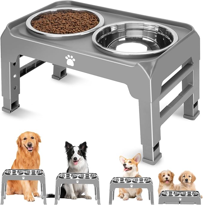 Elevated Raised Dog Bowl Stand with 2 Stainless Steel Bowls, Adjustable Height for Medium Large Dogs, 12.36" - 3.7" Foldable Feeder, Grey by AIRMX