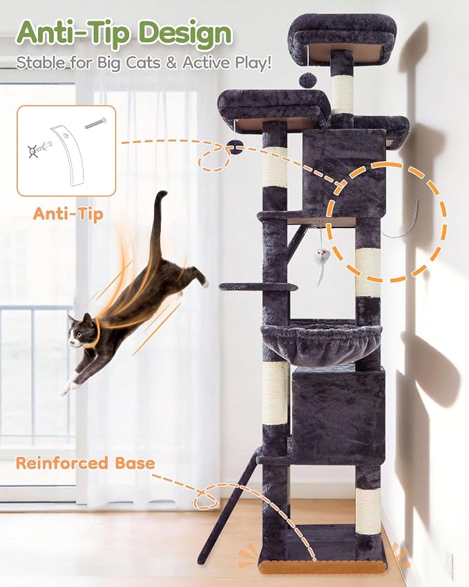 Taoqimiao Cat Tree for Large Cats, 76.8 Inches XL Cat Tower for Indoor Cats | 2 Scratch Boards, 3 Top Perches, 9 Scratching Posts, Multi-Level Cat Tree with 2 Condos, 2 Cozy Basket, Smoky Gray, T20G - Image 7