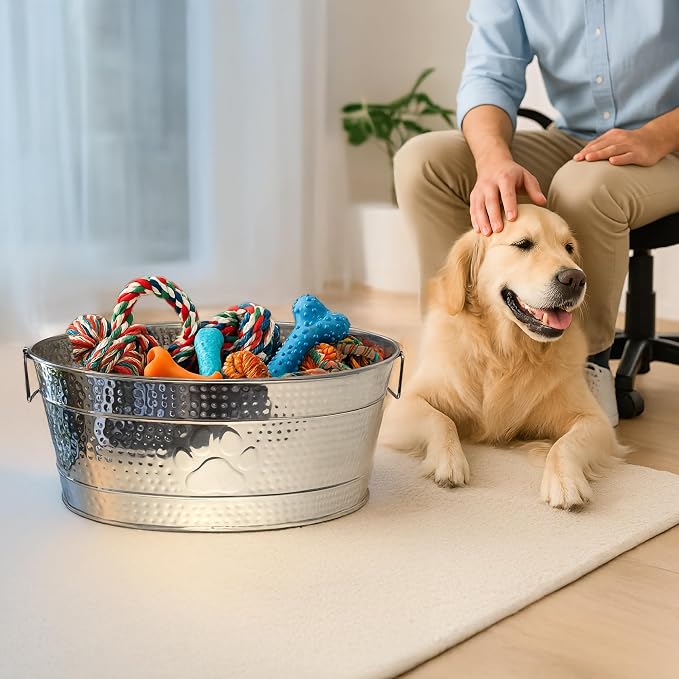 BREKX Stainless Steel Indestructible Dog Toy Bin - Pet Storage Bin with Handles, Large Organizer Storage Basket for Pet Toys, Blankets, Leashes - Pawprint Design Home Decor (Silver - 25 Quart) - Image 3