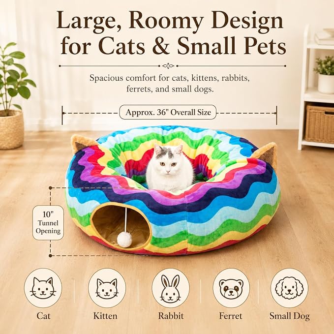 Large Cat Tunnel Bed Under Christmas Tree with Fluffy Toy Balls, Small Cushion and Flexible Design- 10 inch Diameter, 3 ft Length- Great for Cats, and Small Dogs, Rainbow Wave Color - Image 5