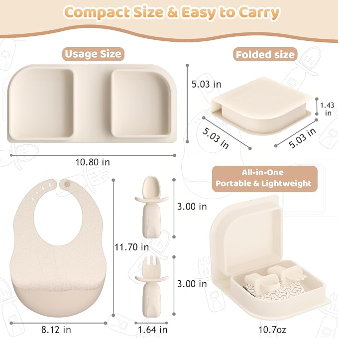 Beige Travel Silicone Foldable Feeding Set, On-the-Go Baby Feeding Supplies Including Toddler Plates, Silicone Baby Spoon&Fork, Adjustable Foldable Bib, Portable Infant Toddler Utensils - Image 6