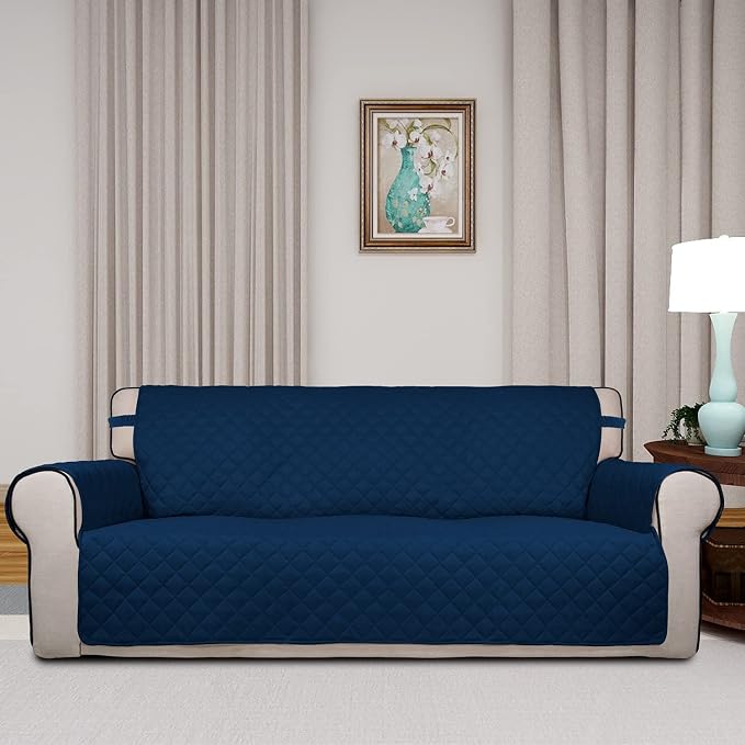 PureFit Reversible Quilted Sofa Cover, Water Resistant Slipcover Furniture Protector, Washable Couch Cover with Non Slip Foam and Elastic Straps for Kids, Pets (X Large, Navy/Navy) | Navy/Navy, Water Resistant Couch Protector, Washable Pet Couch Cover ... - Image 2