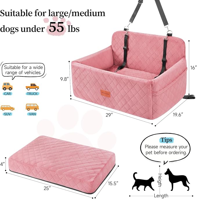 Dog Car Seat for Medium Large Dogs Under 55 lbs, Washable Pet Booster Seat | Dog Car Bed for 2 Small Dogs with Thick Cushion, Detachable Pet Car Seat for Backseat with 2 Safety Leashes and Pockets - Image 3