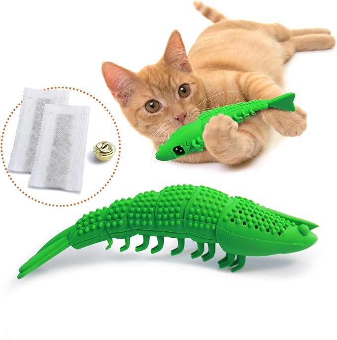 Ronton Cat Toothbrush Catnip Toy - Durable Hard Rubber - Dental Care, Cat Interactive Toothbrush Chew Toy (1 Pack Green (Shrimp) by Ronton