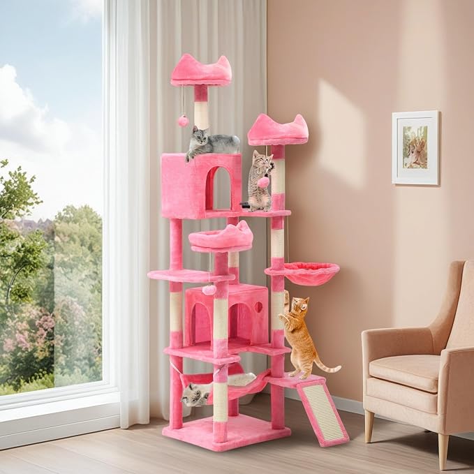 YITAHOME 75-Inch Tall Cat Tree Indoor | Multi-Level Cat Tower with Condos, Top Perches, Sisal Ramp, Scratching Posts & Cozy Basket Hammocks Pink by YITAHOME