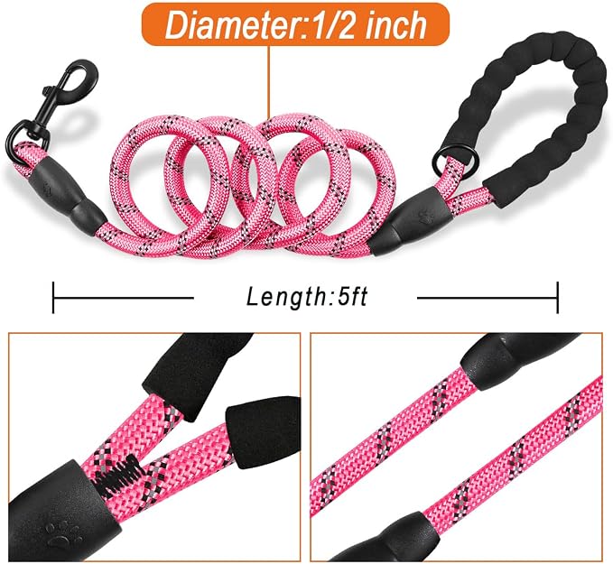 BARKBAY Dog Leashes for Large Dogs Heavy Duty Dog Leash 2 Pack 5 FT with Comfortable Padded Handle Highly Reflective Threads for Medium Large Dogs Walking Training Running (5FT-1/2,Pink+Black) - Image 6