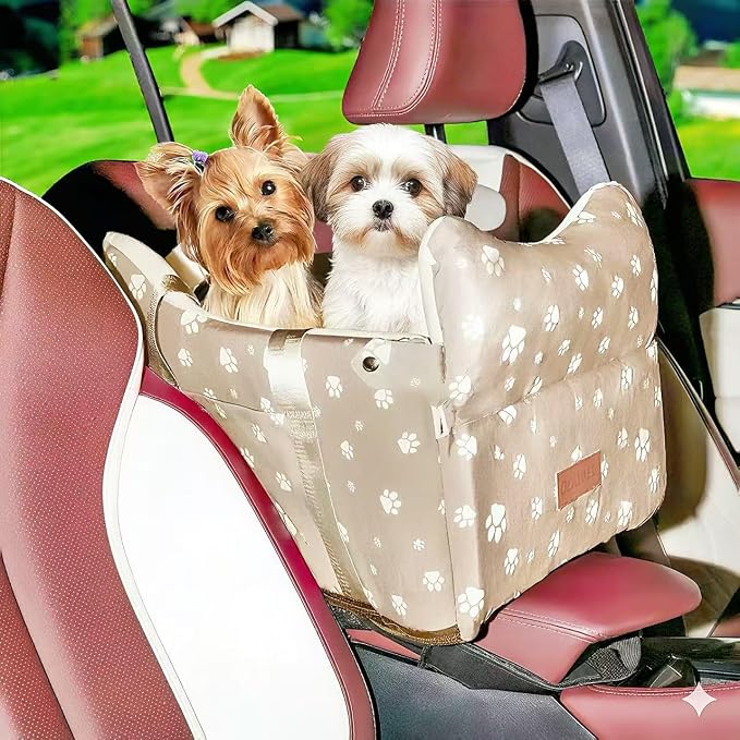 Dog Center Console Car Seat Up to 21 lbs, Khaki | Memory Foam Pet Booster Seat Portable Medium Dog Armrest Booster With Soft Cushion Safety Belt by HANMEIANINC