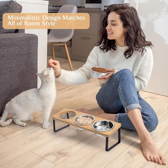 Elevated Cat Food Bowl Set for Indoor Cats, 3 Raised Water Bowl for Kitten | Whisker Friendly, Anti Vomit, Feeding Station for Puppy, Stainless Steel, Pet Dish, Easy Assembly, Bamboo, Dishwasher Safe - Image 7