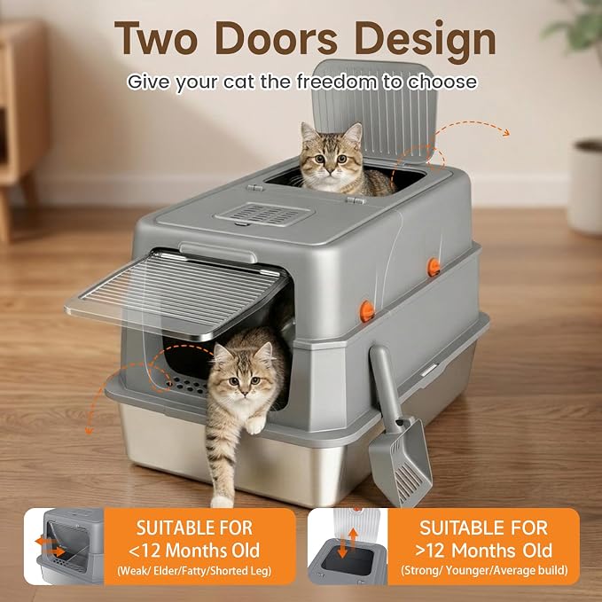 Enclosed Stainless Steel Litter Box, XL Covered MetalPan Includes Mat Scoop | Easy Cleaning Anti-Urine Leakage Non-Sticky Front Entry Top Exit - Image 7