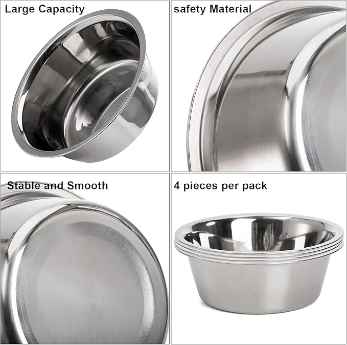 DEAYOU 4-Pack Stainless Steel Dog and Cat Bowl, Metal Food and Water Dish, 8.26" Basic Pet Feed Bowl for Large Medium Dog, 47 OZ Replacement Bowls for Elevated Stand, Dishwasher Safe - Image 3