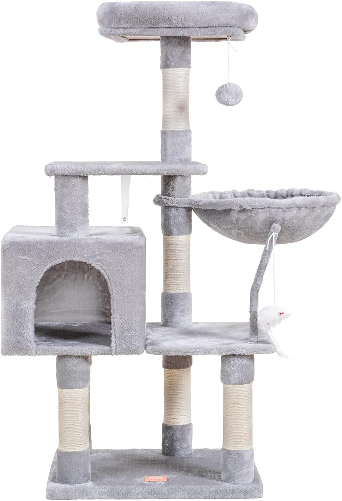 Heybly Cat Tree with Toy, 43.3 inch Cat Tower for Indoor Cats HCT004W | Cat Condo with Durable Sisal Scratching Posts, Cat House with Padded Plush Perch, Cozy Hammock, Light Gray - Image 4
