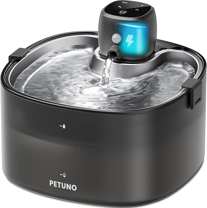 Cordless Cat Water Fountain, 78oz/2.3L, Battery Operated, Silver | Stainless Steel Tray, Rechargeable 4000mAh, Wireless, Motion Sensor, Ultra-Quiet Pump, Locking Lid, Automatic Fountain by PETUNOCordlessWaterFountain