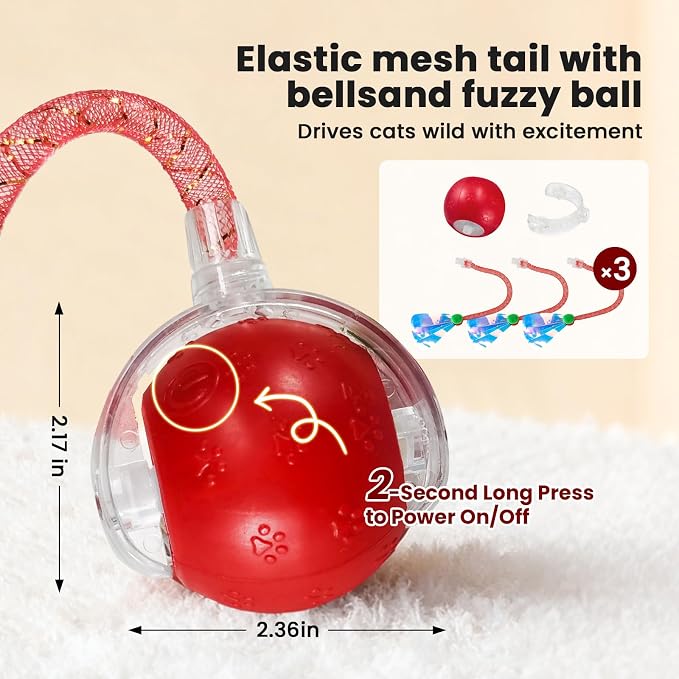 Rocfish Durable Interactive Cat Toys for Indoor Cats (red, 03) | Smart Automatic Cat Chase Ball Toy, Upgraded Speedy Tail Kitten Toy for Bored Indoor Adult Pets - Image 2