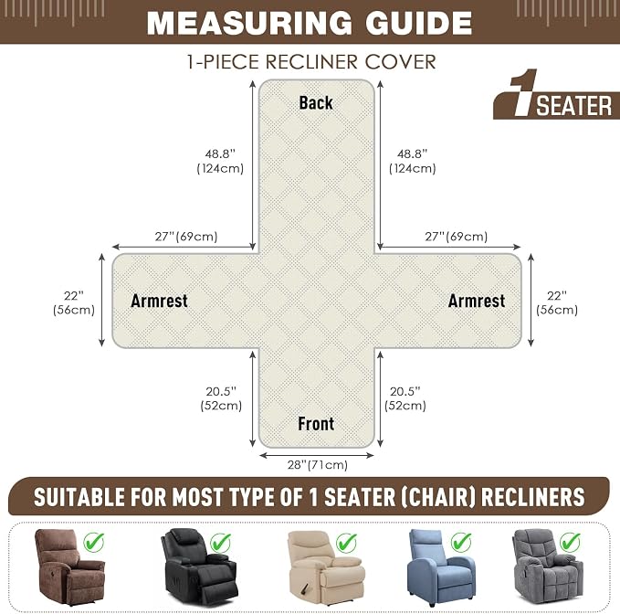 TAOCOCO Waterproof Recliner Chair Cover, Non Slip Oversized Recliner Covers for Recliner Chair with Pocket, Reclining Chair Cover Furniture Protector for Kids, Dogs(28'', Brown) - Image 3