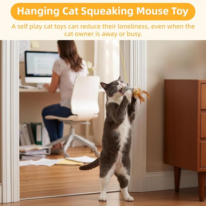 Tocirelo Hanging Cat Mouse Toy, Interactive Motion Activated Squeaky Mice | 3Pack Cat Toys with Catnip, Feathers for Indoor Cats Self Play, Kitten Kicker Door Frame Toy for Reducing Boredom and Hunting - Image 6