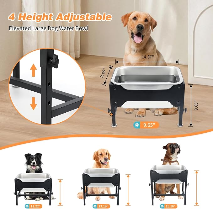 3 Gallon Elevated Dog Water Bowl, Raised Stand for Large Dogs | 4 Adjustable Heights, 9.65-15.16 in Stand, 3 Gallon Bowl, 14 x 10.6 x 5.9 in Size, Indoor Outdoor Use, Easy to Clean - Image 2