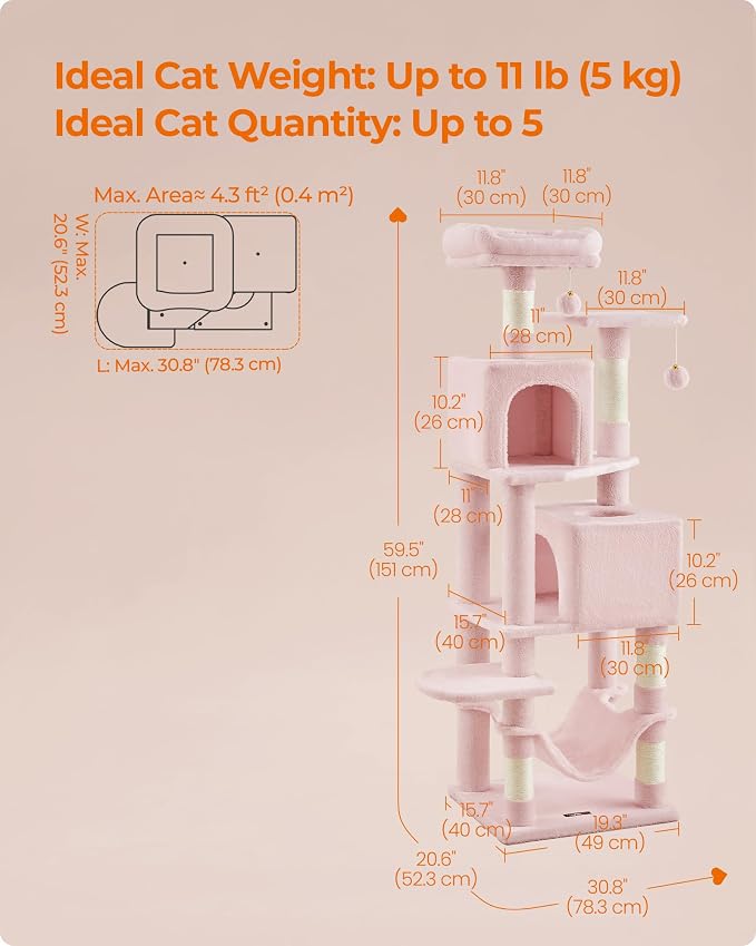 Feandrea Cat Tree, 59.5-Inch Tall Cat Tower, Multi-Level Condo, Jelly Pink | with 5 Scratching Posts, 2 Perches, 2 Caves, Hammock, 2 Pompoms, 2 Caves for Indoor Cats, Easy to Assemble, UPCT192P01 - Image 5